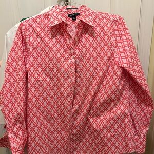 Lands' End Women's Coral Patterned No-Iron Collared, Long Sleeved Blouse